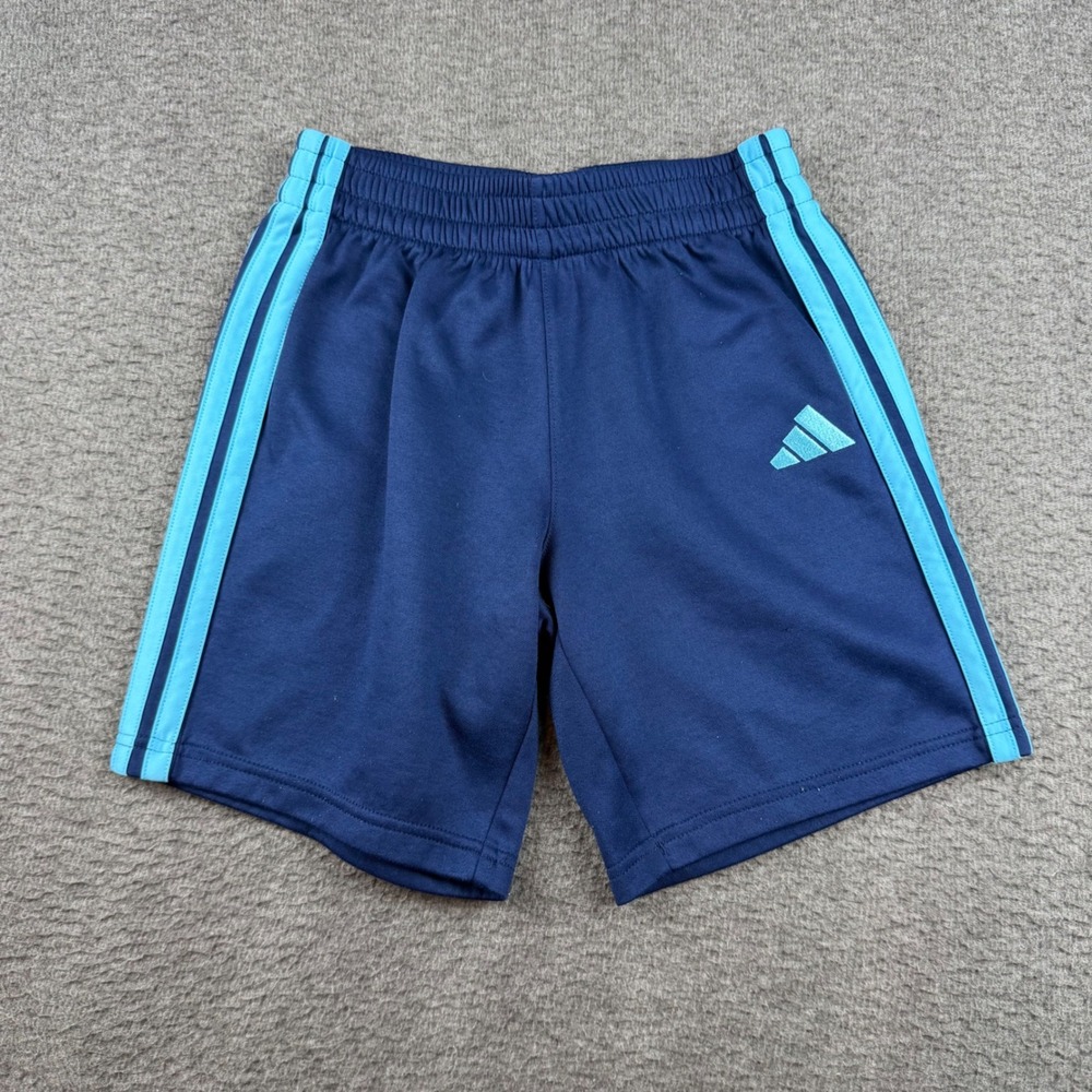Adidas Athletic Shorts Boys Size M 10/12 Navy Blue Cyan 3-Stripe Performance